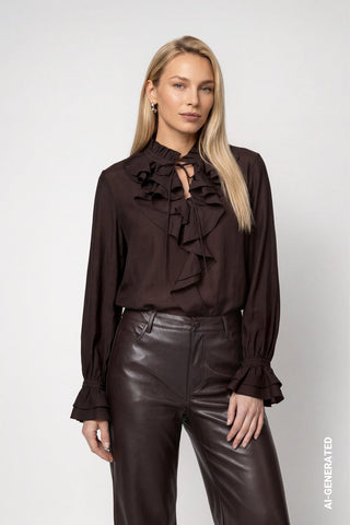 Monari Stand Up Collar Ruffle Blouse Brown - MMJs Fashion