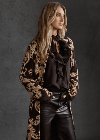 Monari Stand Up Collar Ruffle Blouse Brown - MMJs Fashion