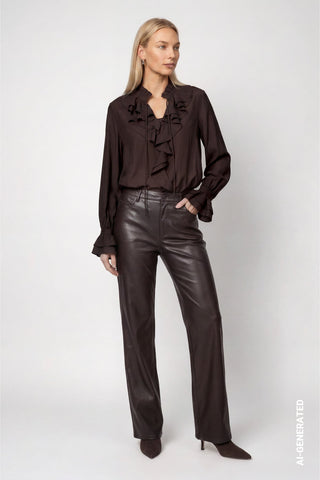Monari Stand Up Collar Ruffle Blouse Brown - MMJs Fashion