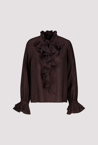 Monari Stand Up Collar Ruffle Blouse Brown - MMJs Fashion