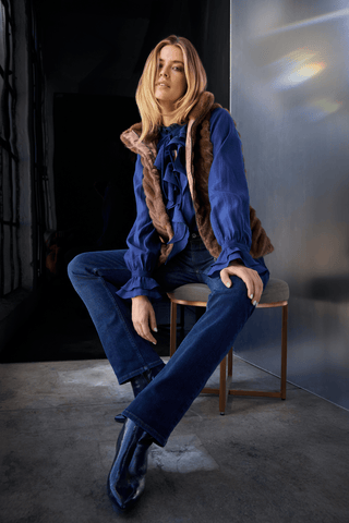 Monari Stand Up Collar Ruffle Blouse Navy Blue - MMJs Fashion