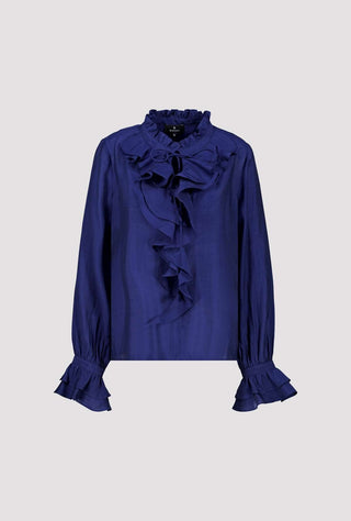 Monari Stand Up Collar Ruffle Blouse Navy Blue - MMJs Fashion