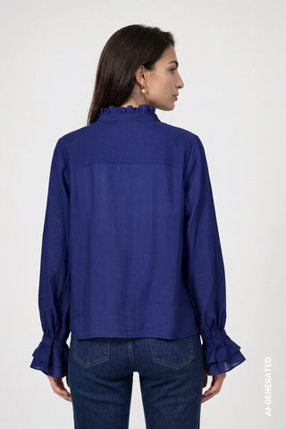 Monari Stand Up Collar Ruffle Blouse Navy Blue - MMJs Fashion