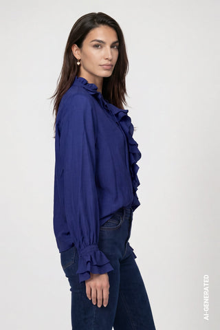 Monari Stand Up Collar Ruffle Blouse Navy Blue - MMJs Fashion