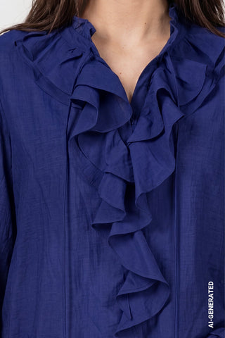 Monari Stand Up Collar Ruffle Blouse Navy Blue - MMJs Fashion