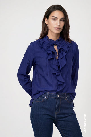Monari Stand Up Collar Ruffle Blouse Navy Blue - MMJs Fashion