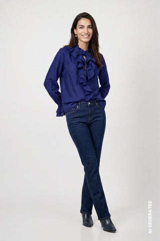 Monari Stand Up Collar Ruffle Blouse Navy Blue - MMJs Fashion