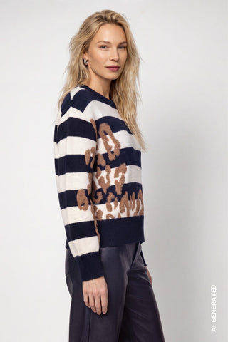 Monari Stripe and Leopard Print Jumper Blue - MMJs Fashion