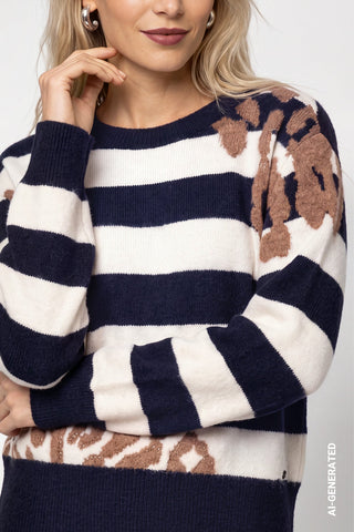 Monari Stripe and Leopard Print Jumper Blue - MMJs Fashion