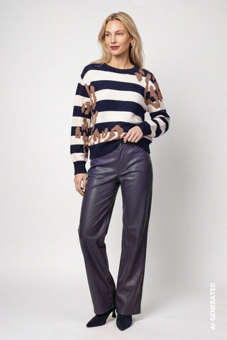 Monari Stripe and Leopard Print Jumper Blue - MMJs Fashion