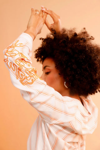 Monari Striped Blouse with Embroidery Ivory Orange - MMJs Fashion