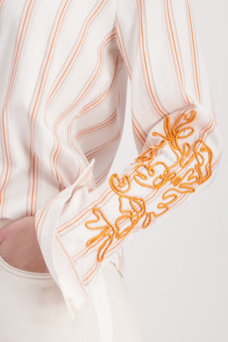 Monari Striped Blouse with Embroidery Ivory Orange - MMJs Fashion