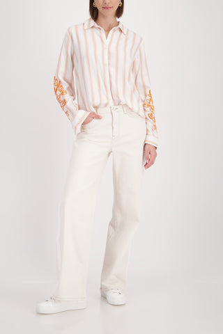 Monari Striped Blouse with Embroidery Ivory Orange - MMJs Fashion
