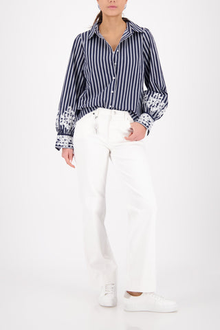 Monari Striped Blouse with Lace Navy Blue - MMJs Fashion