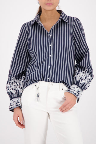 Monari Striped Blouse with Lace Navy Blue - MMJs Fashion