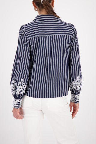 Monari Striped Blouse with Lace Navy Blue - MMJs Fashion