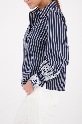 Monari Striped Blouse with Lace Navy Blue - MMJs Fashion
