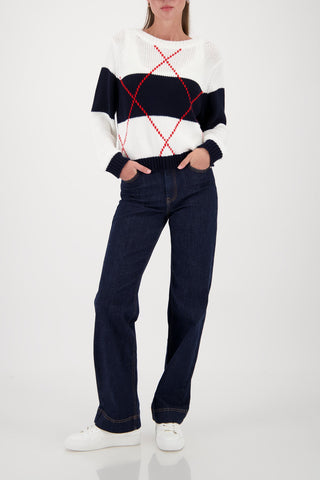 Monari Striped Intarsia Pattern Jumper Navy Blue - MMJs Fashion