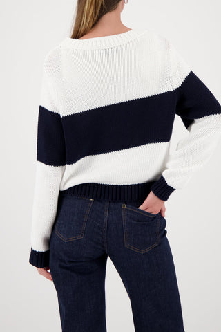 Monari Striped Intarsia Pattern Jumper Navy Blue - MMJs Fashion