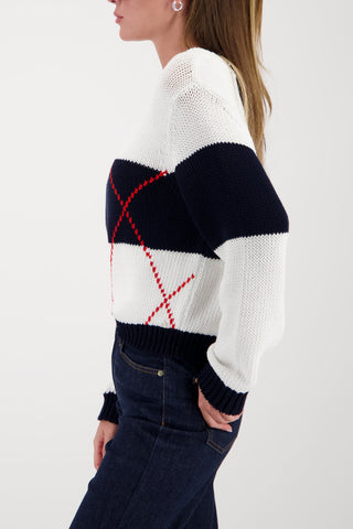 Monari Striped Intarsia Pattern Jumper Navy Blue - MMJs Fashion