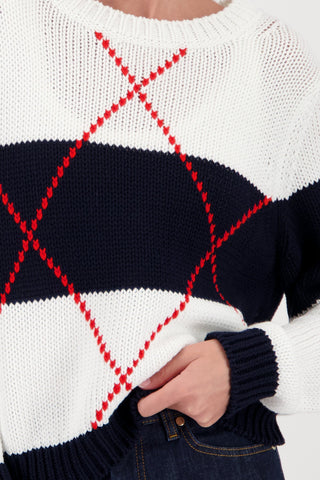 Monari Striped Intarsia Pattern Jumper Navy Blue - MMJs Fashion