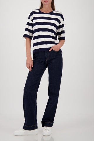 Monari Striped Short Sleeve Sweatshirt Navy Blue - MMJs Fashion