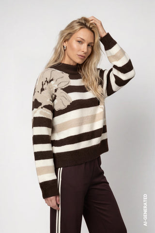 Monari Stripes and Flower Jumper Brown Beige - MMJs Fashion