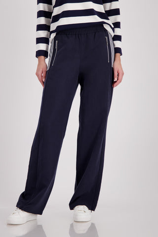 Monari Wide Leg Trousers with Stripe Detail Navy - MMJs Fashion