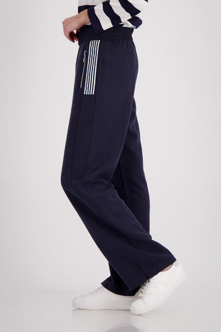Monari Wide Leg Trousers with Stripe Detail Navy - MMJs Fashion