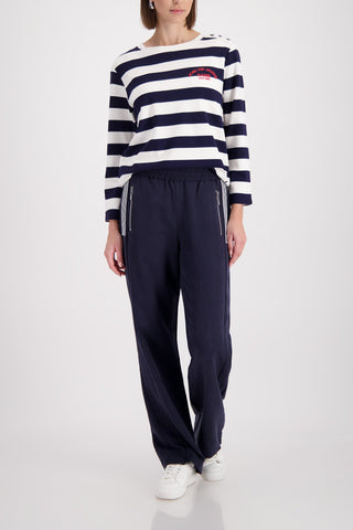 Monari Wide Leg Trousers with Stripe Detail Navy - MMJs Fashion