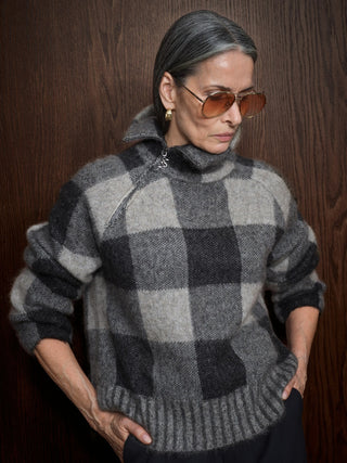 Mos Mosh Checked Zip Neck Jumper Black Grey Maija - MMJs Fashion
