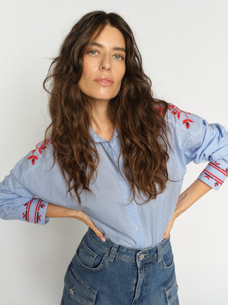Mos Mosh Embroidered Stripey Blouse Blue Osmo - MMJs Fashion