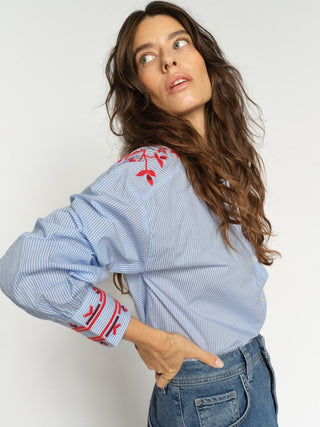 Mos Mosh Embroidered Stripey Blouse Blue Osmo - MMJs Fashion