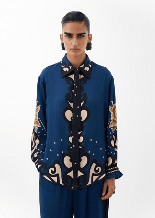 NOIB Old Rose Print Blouse Blue Mustard Iris - MMJs Fashion