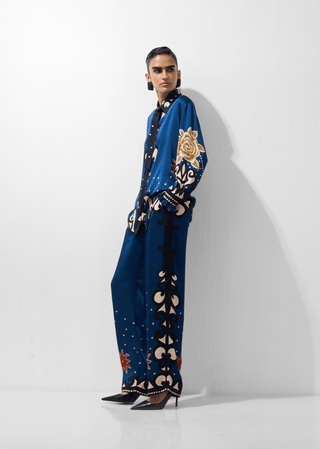 NOIB Old Rose Print Blouse Blue Mustard Iris - MMJs Fashion