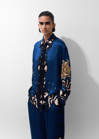 NOIB Old Rose Print Blouse Blue Mustard Iris - MMJs Fashion