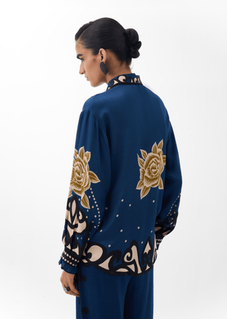NOIB Old Rose Print Blouse Blue Mustard Iris - MMJs Fashion