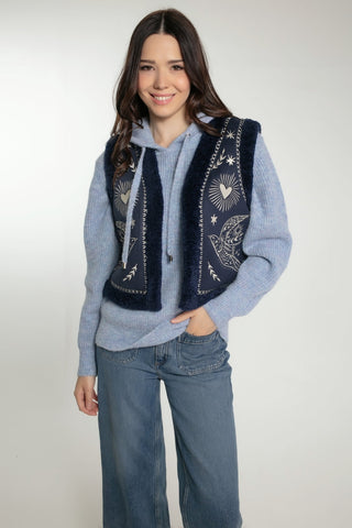 Nooki Embroidered Faux Shearling Gilet Navy Blue Freebird - MMJs Fashion