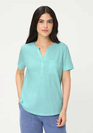 Olsen Button Neck Top Turquoise Hannah - MMJs Fashion