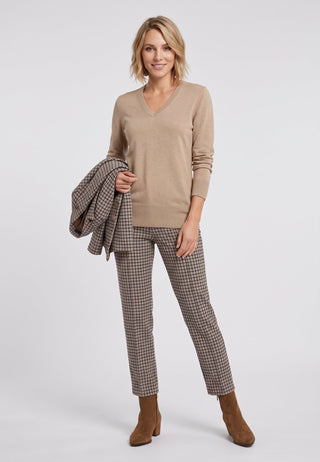 Olsen Checked Cropped Trousers Hazelnut Beige Blue Lisa Straight - MMJs Fashion
