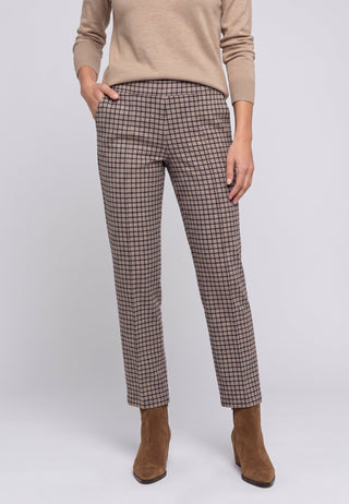 Olsen Checked Cropped Trousers Hazelnut Beige Blue Lisa Straight - MMJs Fashion