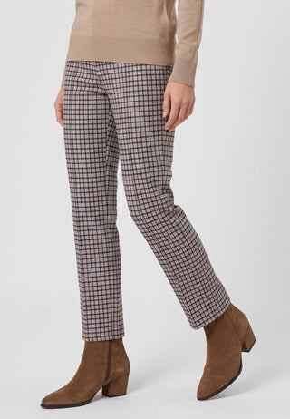 Olsen Checked Cropped Trousers Hazelnut Beige Blue Lisa Straight - MMJs Fashion