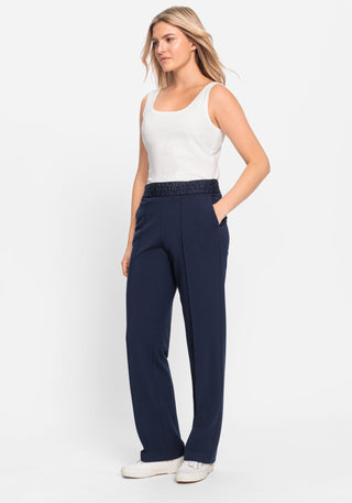 Olsen Elastic Waistband Trousers Navy Blue Mona Straight - MMJs Fashion