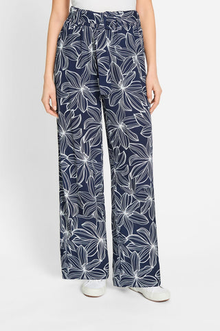 Olsen Floral Print Wide Leg Trousers Navy Blue Anna - MMJs Fashion
