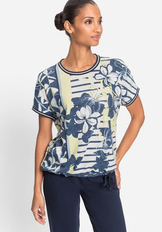 Olsen Floral Stripe Drawstring Top Navy Blue Yellow Clara - MMJs Fashion