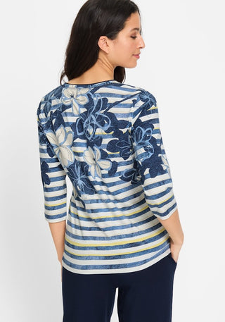 Olsen Floral Stripe Top Navy Blue Yellow Edda - MMJs Fashion