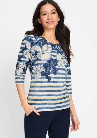 Olsen Floral Stripe Top Navy Blue Yellow Edda - MMJs Fashion