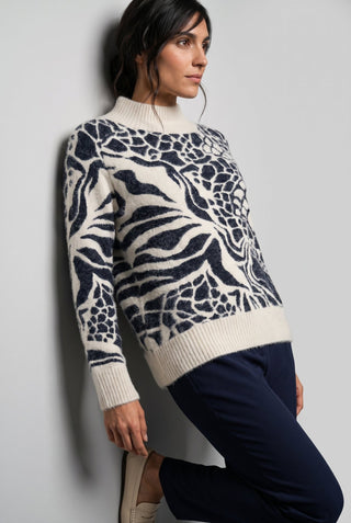 Olsen Funnel Neck Patterned Jumper Blue Ivory - MMJs Fashion