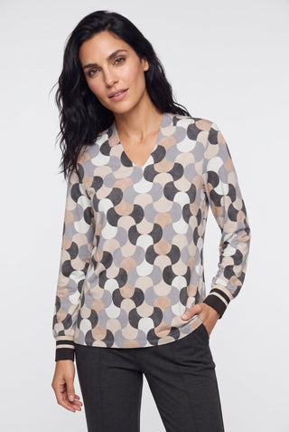 Olsen Geometric Print Long Sleeved Top Beige Grey - MMJs Fashion