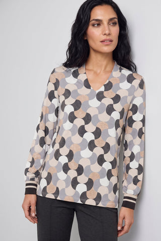 Olsen Geometric Print Long Sleeved Top Beige Grey - MMJs Fashion